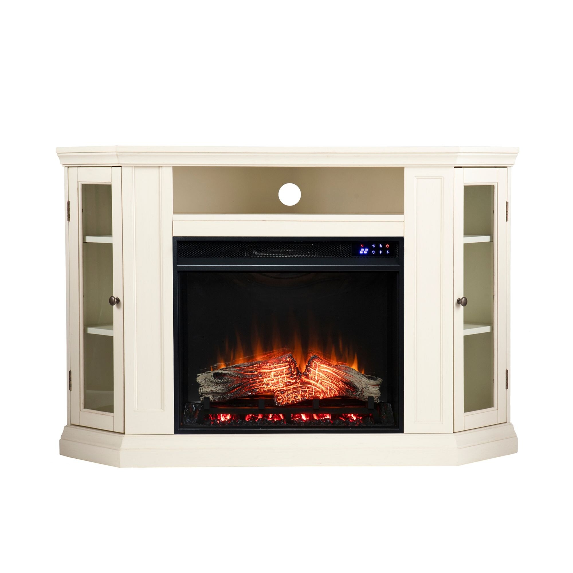 Southern Enterprises 48 inch Ivory and Black Modern Style Triangular Electric Corner Fireplace with Storage