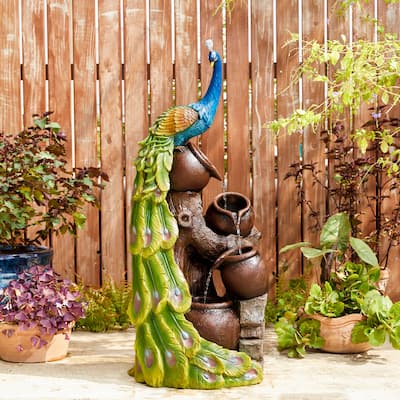 Glitzhome 40"H Oversized 4-Tier Peacock Jars Polyresin LED Lighted Outdoor Floor Fountain