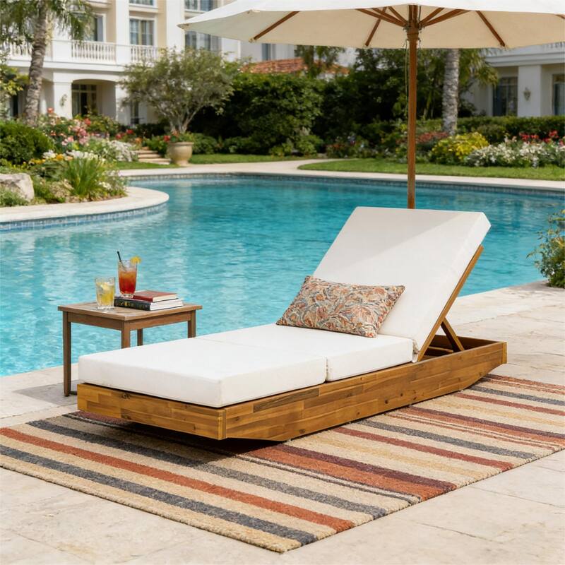 Christopher Knight Home - Outdoor Acacia Wood Chaise Lounge with Ergonomic 3-Fold Water-Repellent Cushion - 79.6"L