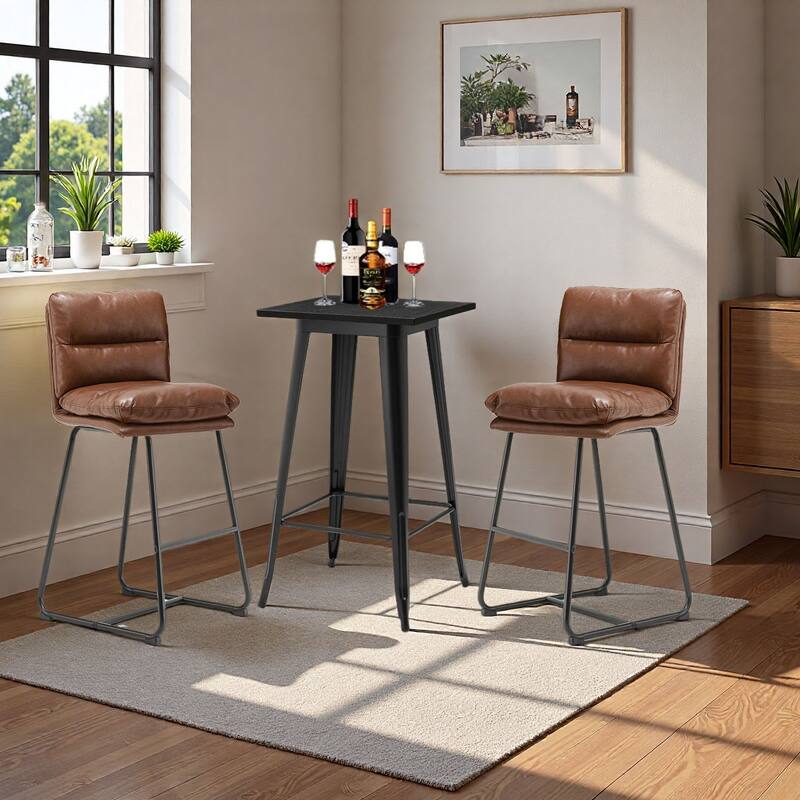 Glitzhome 3-Piece Bar Height Dining Table Set Round Pub Table & Faux Leather Bar Stools - Black Table & Brown Chairs