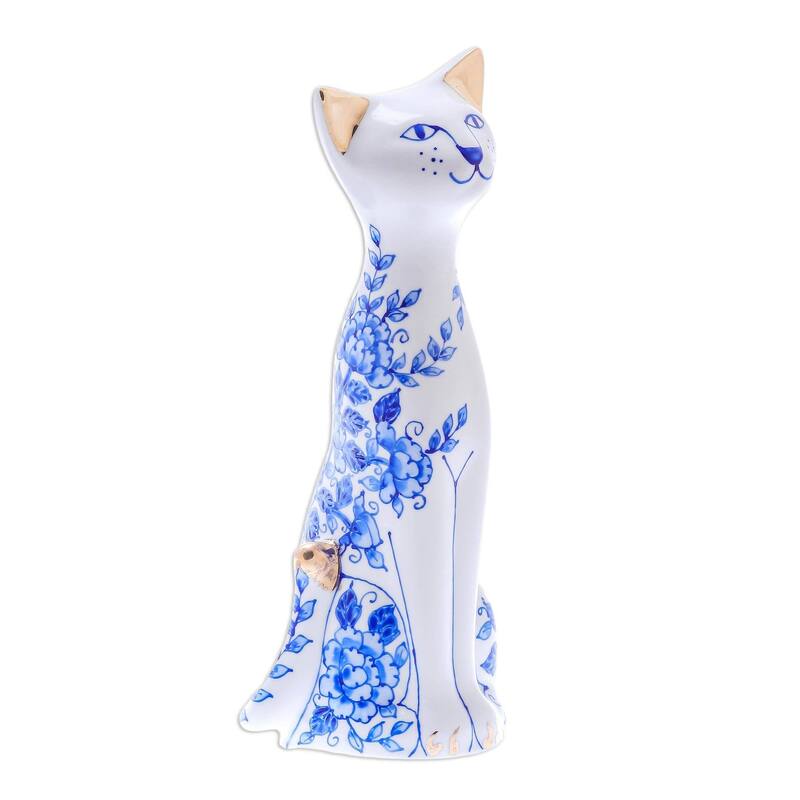 Novica Handmade Sweet Floral Cat Benjarong Porcelain Statuette