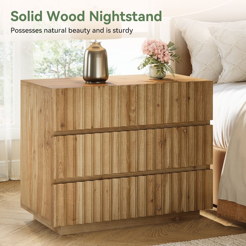31.5" Oversized Solid Wood Nightstand, Farmhouse Fluted Night Stand