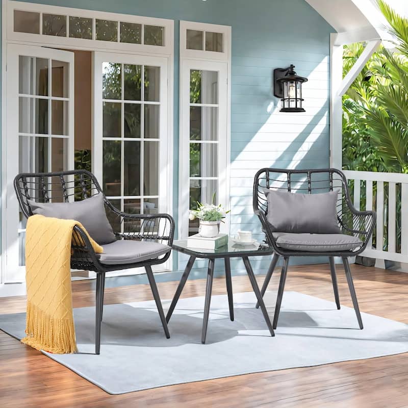 3-Piece Outdoor Bistro Set with Glass Side Table, Rattan Patio Chairs, Conversation Set for Porch, Garden, Balcony