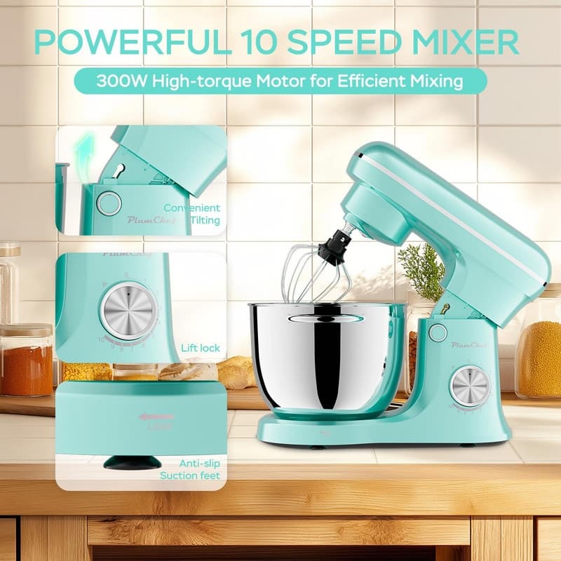 5.2L + 4.5L Electric Food Mixer with Timer, 10-Speed Portable Kitchen Mixer