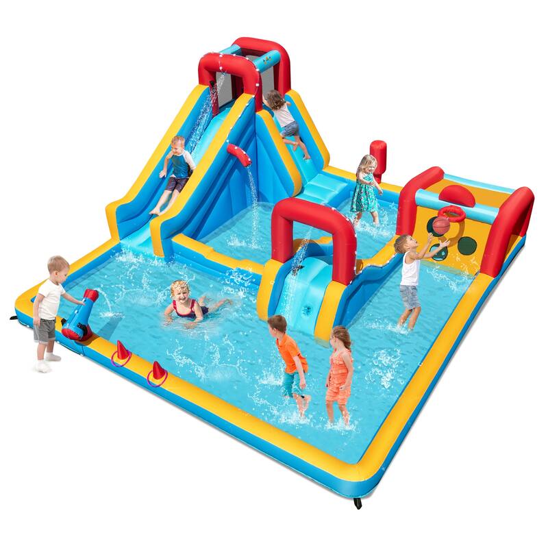 Giant Kids Inflatable Water Park 9-in-1 with Slide Climbing Wall and Ball Games and Water Cannon - 177” x 176” x 81” (L x W x H)