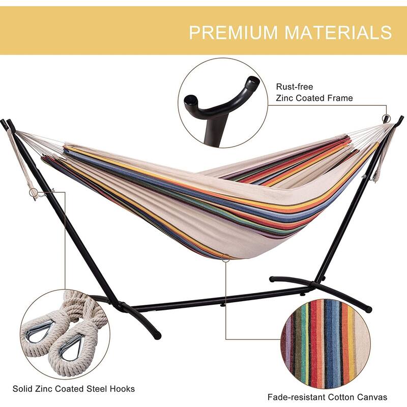 Double Cotton Hammock with Heavy Duty Steel Stand