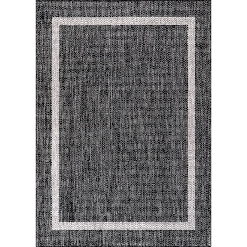 Beverly Rug Modern Bordered Indoor Outdoor Rug, Outside Carpet for Patio, Deck, Porch - 8X10 - Dark Grey