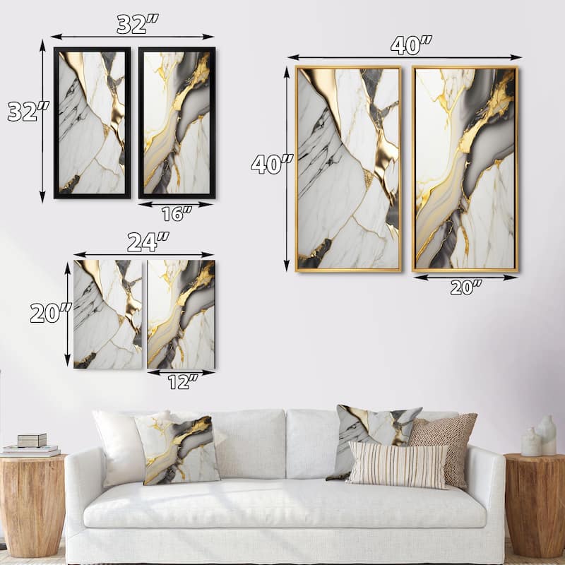 Designart "Abstract Geode Marble White And Gold" Abstract Marble Framed Canvas Set Of 2 For Living Room Decor