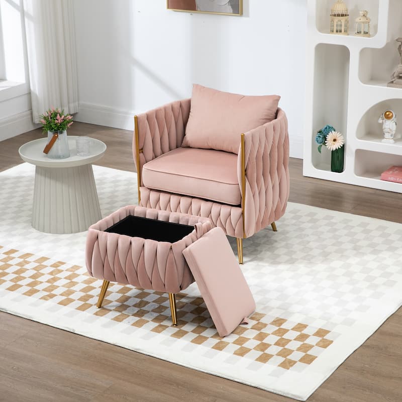 Accent Chair with Storage Ottoman, Modern Hand Woven Vanity Chair (Pink) - Pink