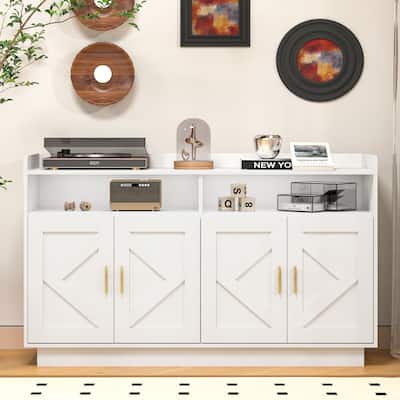 White Dresser Cabinet with Gold Handles and Decorative Shaped Doors