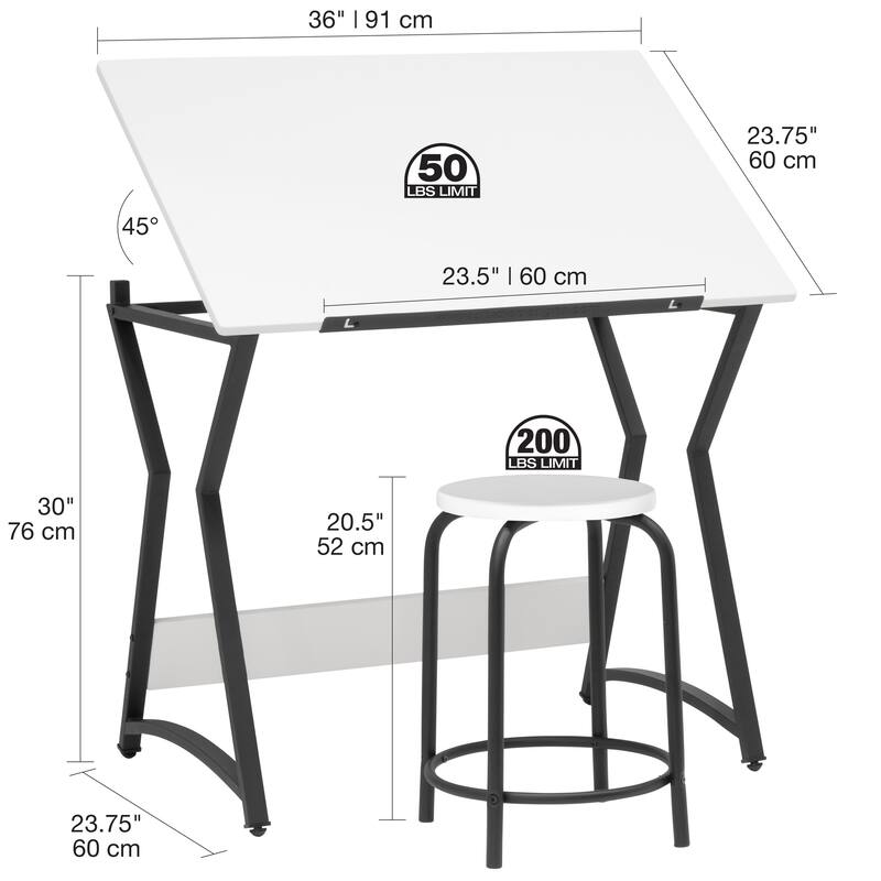 Hourglass 2 Pc. Craft Set Black/White Metal Drafting Table with Angle Adjustable Top and Stool