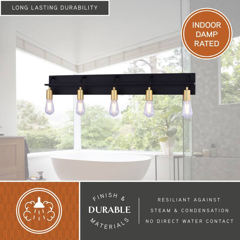 Seward Park 5-Light 36 in. W Black and Satin Brass Gold Bare Bulb Industrial Bathroom Vanity Lighting Fixture, Full Backplate