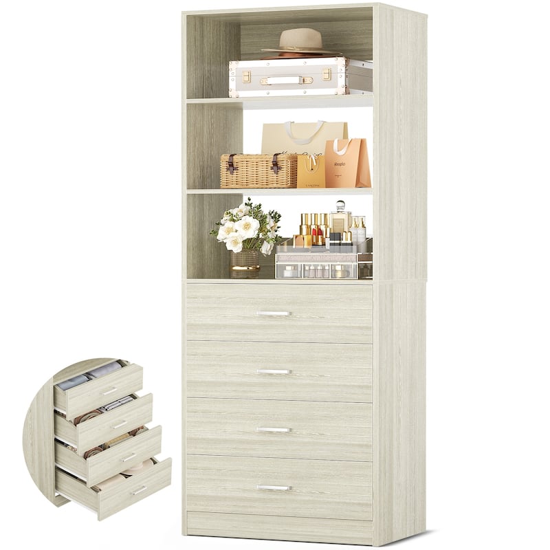 Freestanding Closet Organizer with 4 Drawers and 4 Shelves, Wooden Closet System for Walk-in Closet