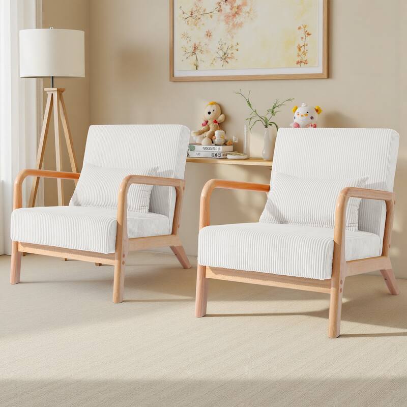 25" W Mid Century Upholstered Wood Accent Chair with Pillow set of 2 - Natural Wood - Beige