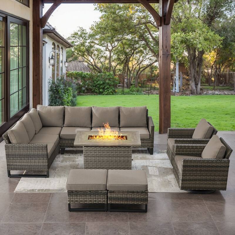 Gymojoy L-Shaped Outdoor Corner Sectional Sofa 6-seats Couch Conversation Set - 6 PCS - Ottomans & Swivel Chairs & Fire Pit - Grey Wicker / Grey Cusion