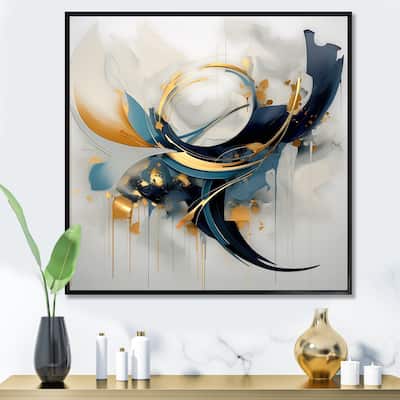 Designart "Abstract Golden Blue Whirls Of Serenity I" Abstract Fractal Gold - Modern Bedroom Framed Canvas Wall Art