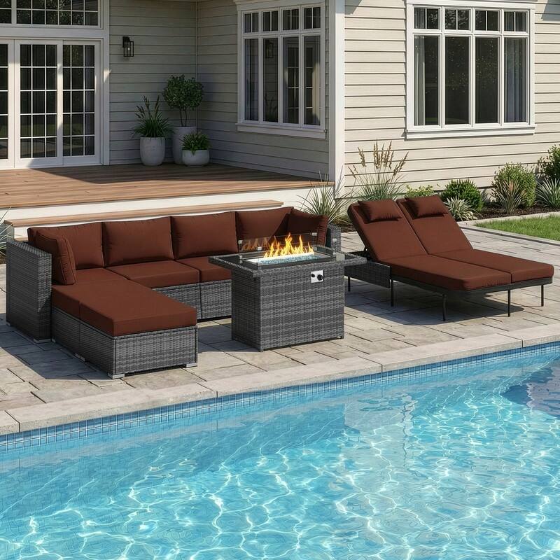 Outdoor Sectional Conversation Set PE Wicker with Double Chaise Lounge, 60,000 BTU Fire Pit Table - 8-Piece/Ottoman - Red