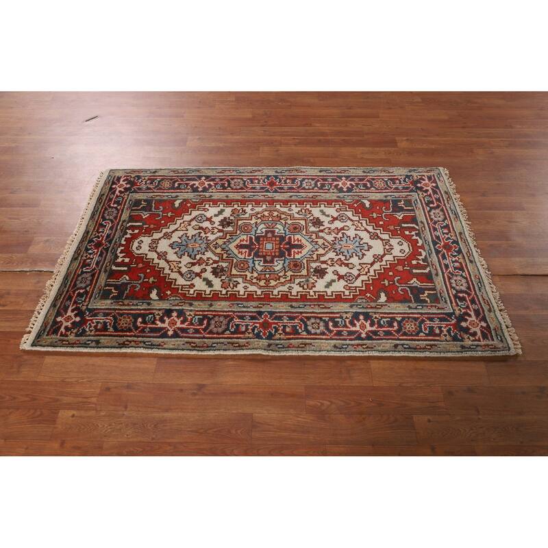 Ivory Geometric Heriz Serapi Oriental Accent Rug Handmade Wool Carpet - 3'0" X 4'11"