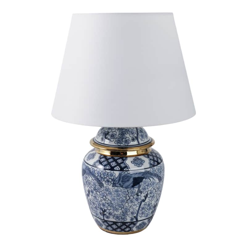 Ceramic Table Lamp Drum Shade Chinoiserie - 18" White/Blue - 12" x 12" x 18"