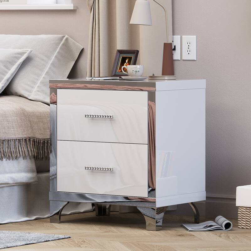 High Gloss Mirrored Nightstand with 2 Drawers,Modern End Table with Drawers,Mirrored High Gloss Wood Nightstand Metal Handle - White