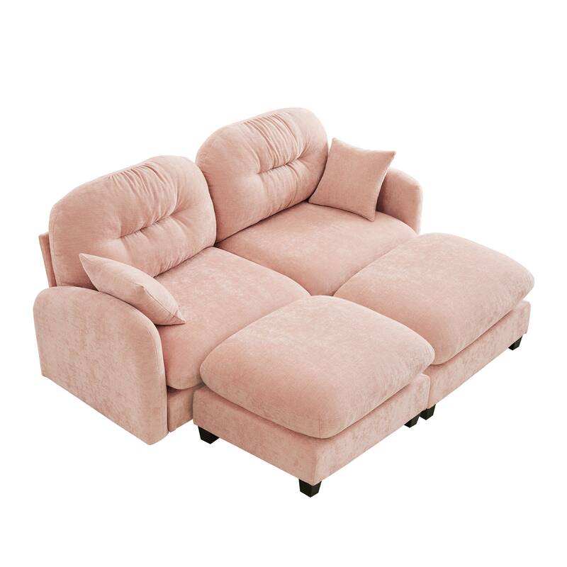 2 Seat Chenille Sofa Round Arms Sectional Sofa, Modern 74" Tufted Back Couch with Ottoman for Lving Room, Small Space