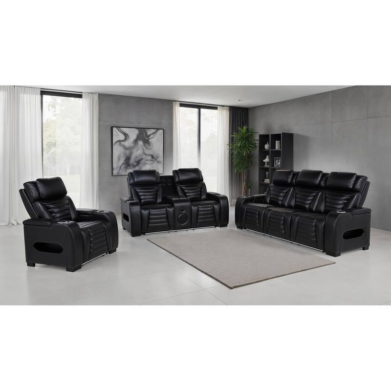 Zuma Faux Leather Dual Power LED Sofa Set Black - 3-piece