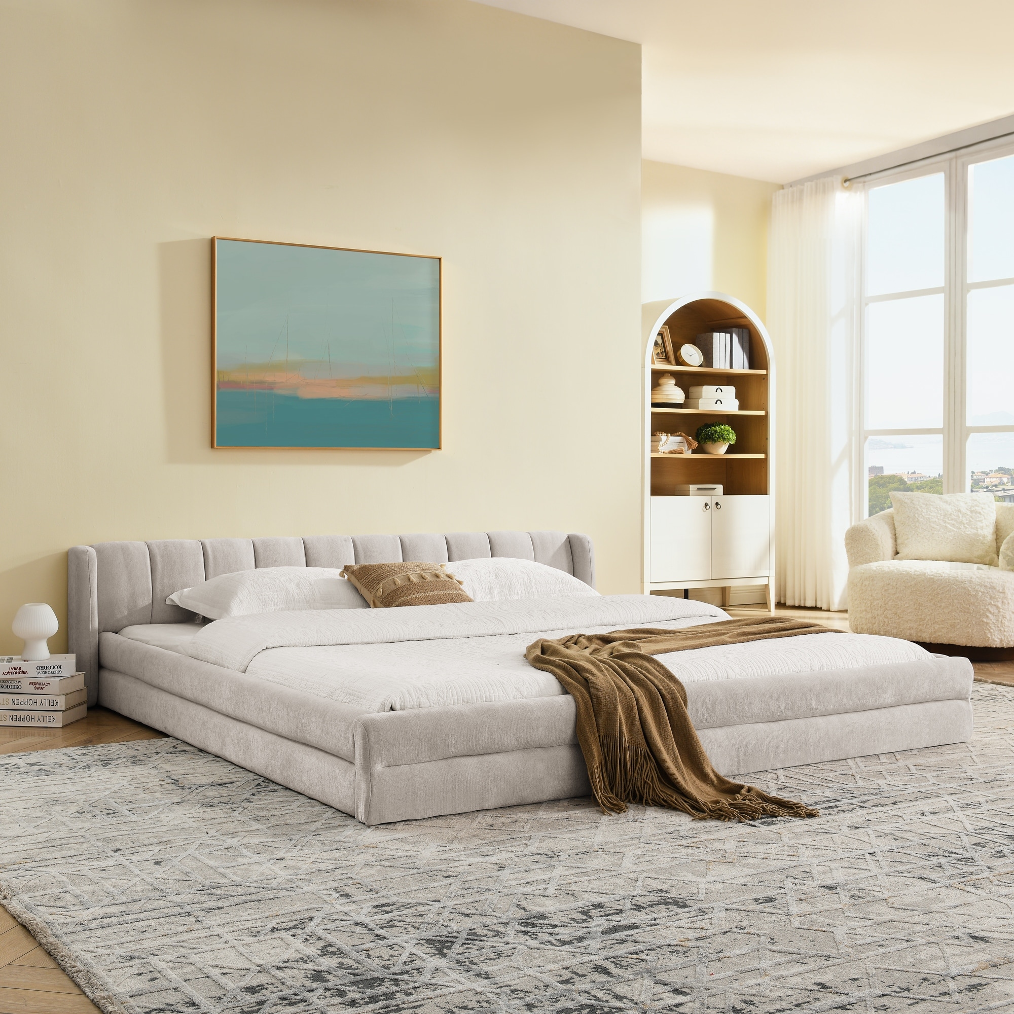 Grounded Platform Bed Frame with Chenille Upholstered, Soft Headboard & Sturdy Construction by GDFStudio
