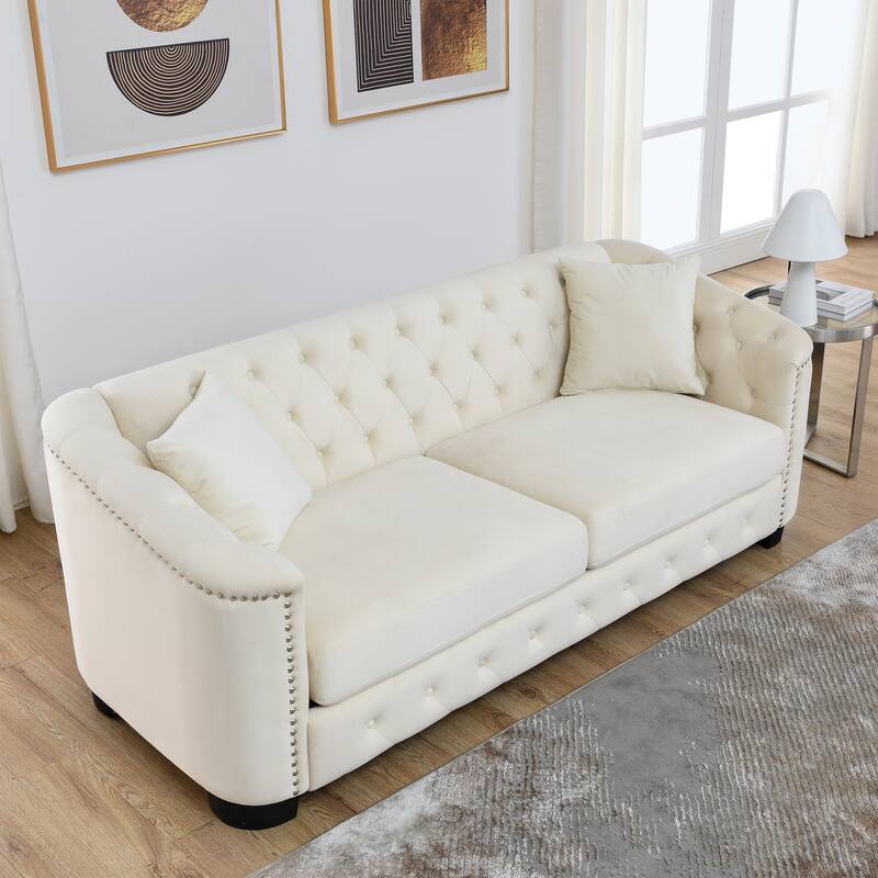 Beige Chesterfield Sleeper Loveseat w/ Nailhead Trim Arms Sofa Bed