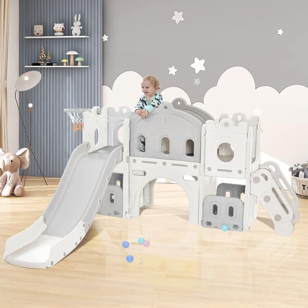 slide 2 of 45, Toddler Slide Set, Kids Slide Playset Structure Castle Climber w/Basketball Hoop, Toy Storage Organizer, Kids Climbers Playhouse White