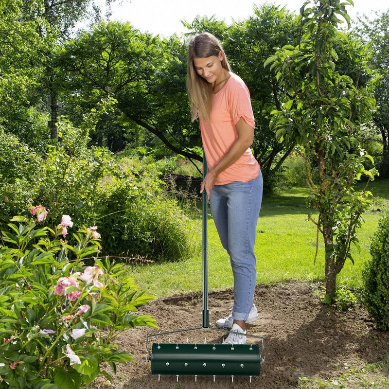 Manual Lawn Aerator Roller with Spiked Drum and Ergonomic Handle Fillable Steel Design