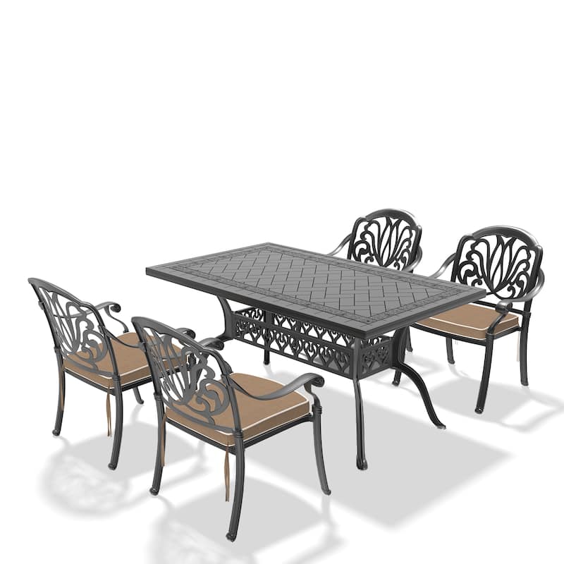 5/7-Piece Cast Aluminum Outdoor Dining Set with 59.06'' L X 35.43'' W Rectangular Table and Random Color Seat Cushions
