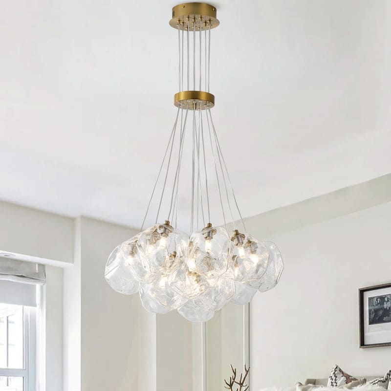 Modern 13-Light Stone Glass Globe Cluster Chandelier in Brass Finish - N/A
