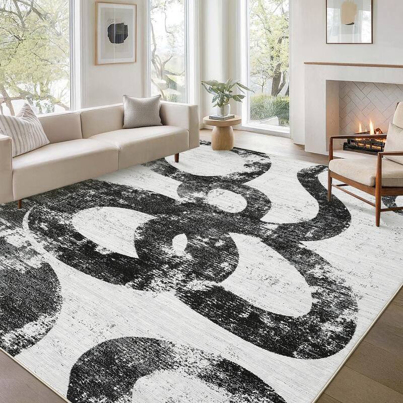 Modern Washable Area Rug Animal Snake Pattern Rug Home Decor Snake Carpet, Low Pile Non Slip Rug - 9'x12' - Black White