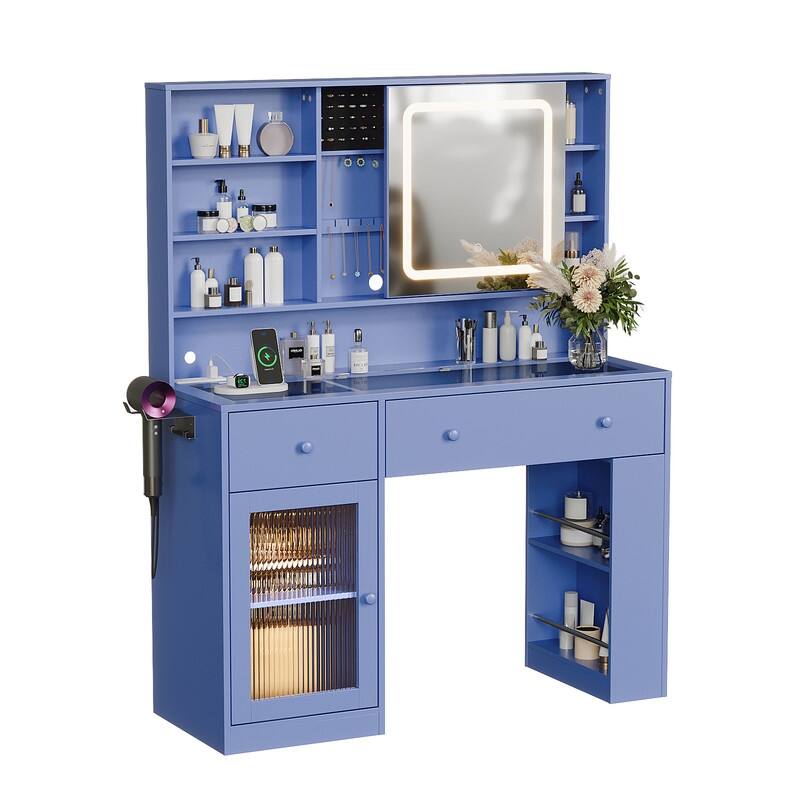 Particle Board Veneered , 2 Drawers, 1 Glass Door, Left and Right 2-tier Shelves, Glass Tabletop, Dressing Table - N/A - Purple