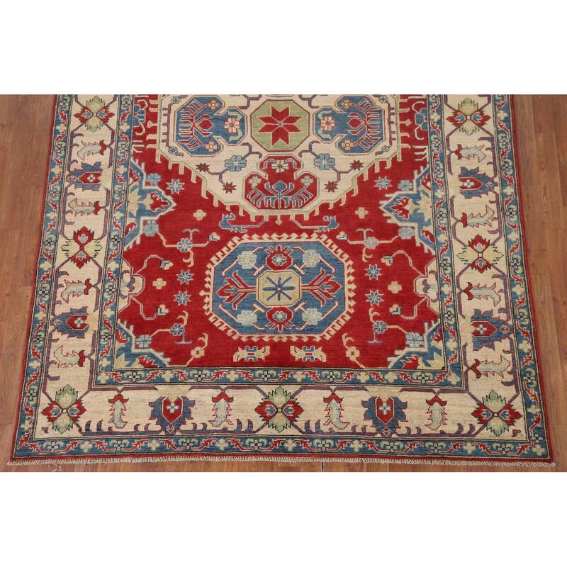 Hand Knotted Oriental 100% Wool Carpet Traditional Geometric Red Kazak Area Rug - 9' 7'' X 6' 7''