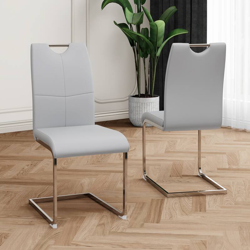 Modern Set of 2 Dining Chairs with Leather Cushioned Seat, Chrome Metal Legs, for Dining Room, Living Room, and Bedroom