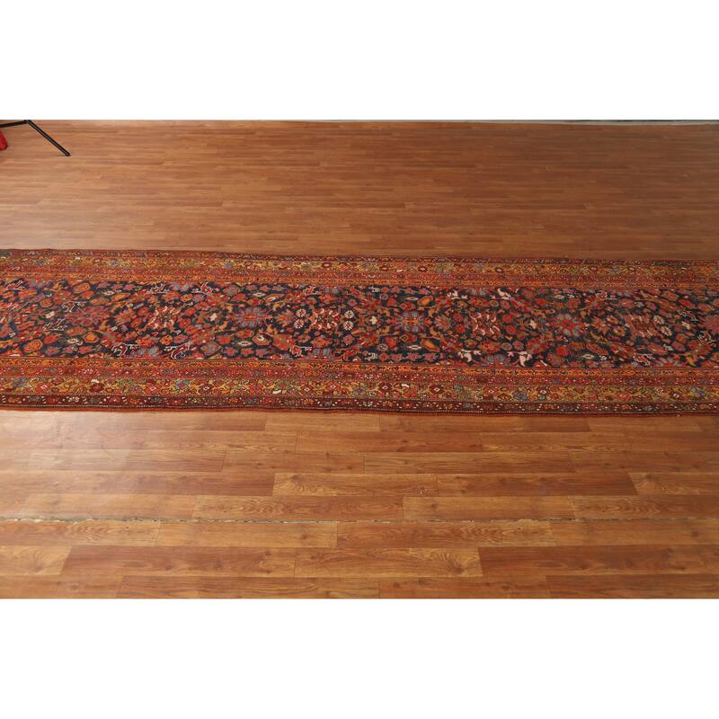 Hand Knotted Oriental 100% Wool Carpet Traditional Floral Navy Blue & Blues Malayer Runner Rug - 15' 8'' X 3' 7''