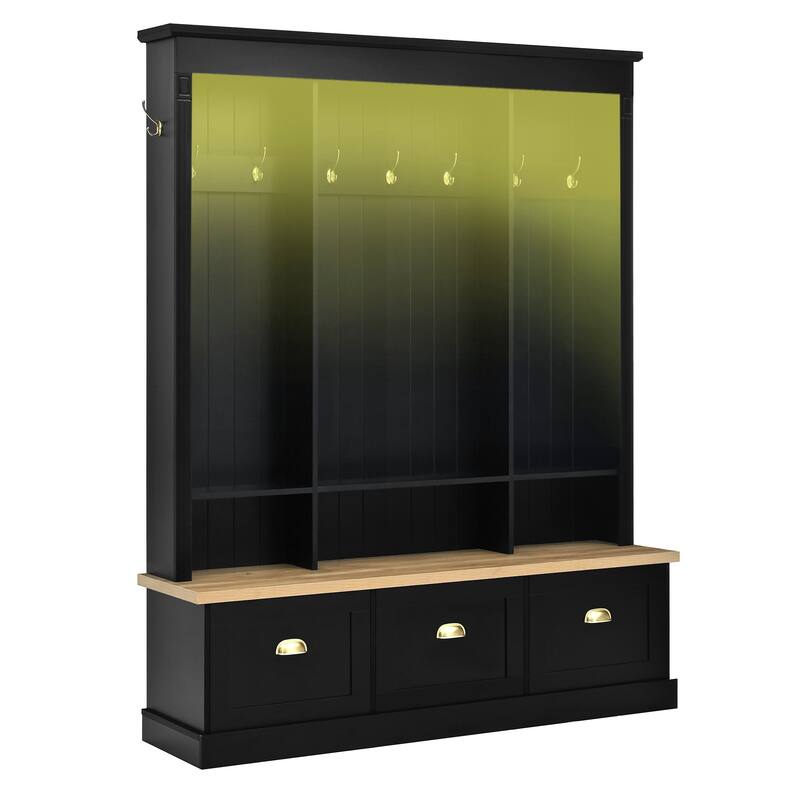 Elegant APP Controlled LED Light Hall Tree with 9 Hooks, Natural Storage Bench with 3 Large Cabinets, with Shelves