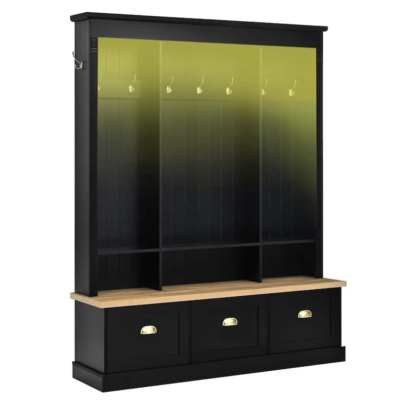 Large LED Hall Tree with 9 Hooks, Roman Column Design Storage Bench with 3 Cabinets, Farmhouse Entryway Organizer with Shelves