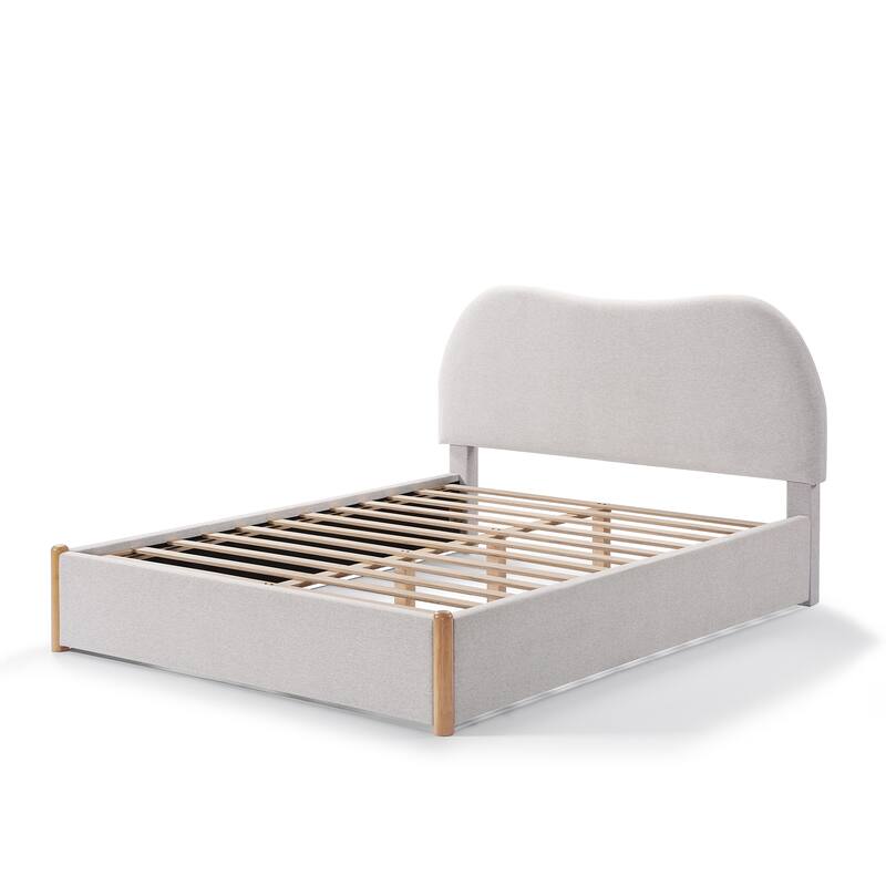 Ivory Linen Upholstered Platform Bed Frame with Wavy Headboard/Solid Wood Frame and Legs/Wooden Slat Support/Easy Assembly/Queen