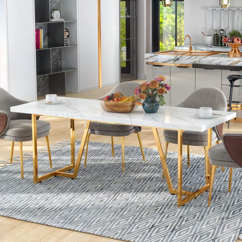 Moasis 82'' Large Dining Table for 6-8 People with Faux Marble Tabletop and Metal Legs
