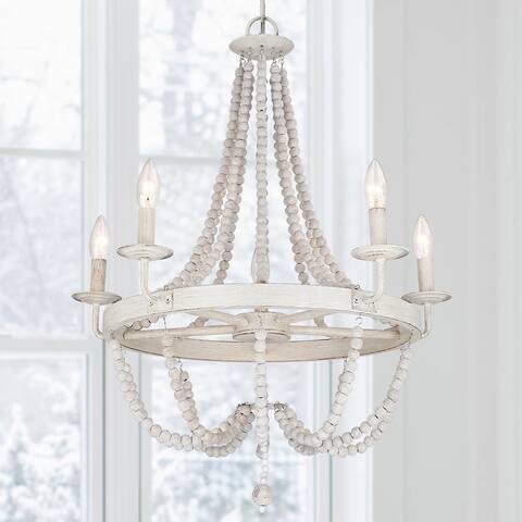 23-in 5-Light Wood Bead Antique White Bohemian Candlestick Chandelier - 23 in. W