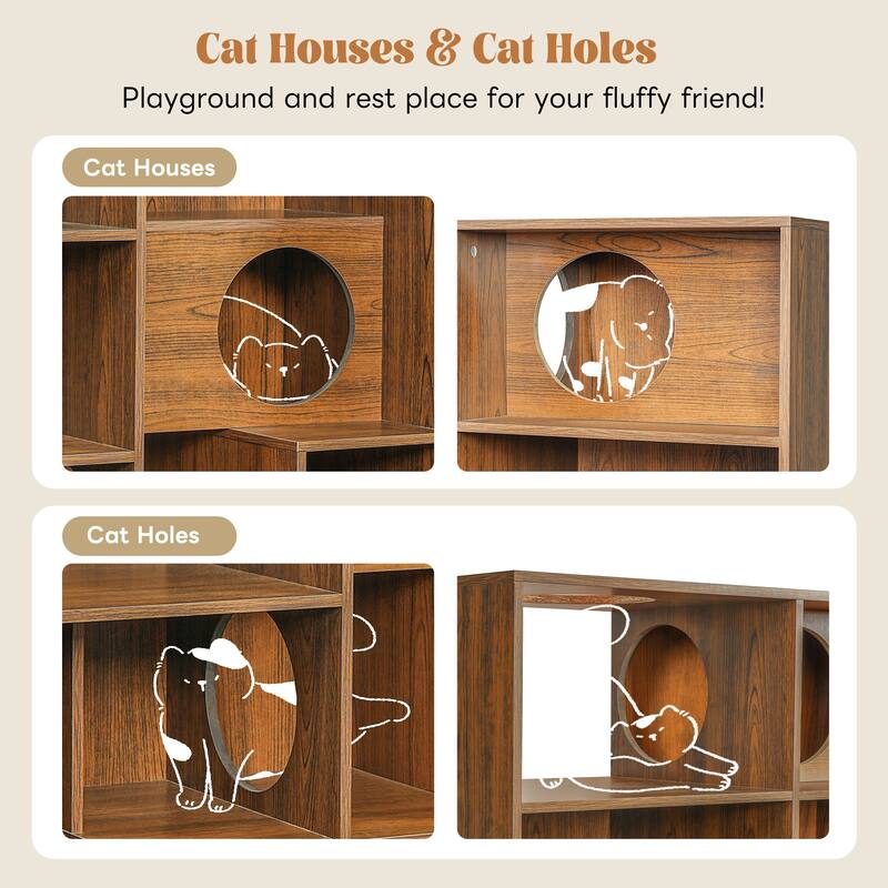 Modern 2-in-1 Cat Tree & Bookshelf - Wood Cat House with Litter Box Enclosure, Display Case & Storage
