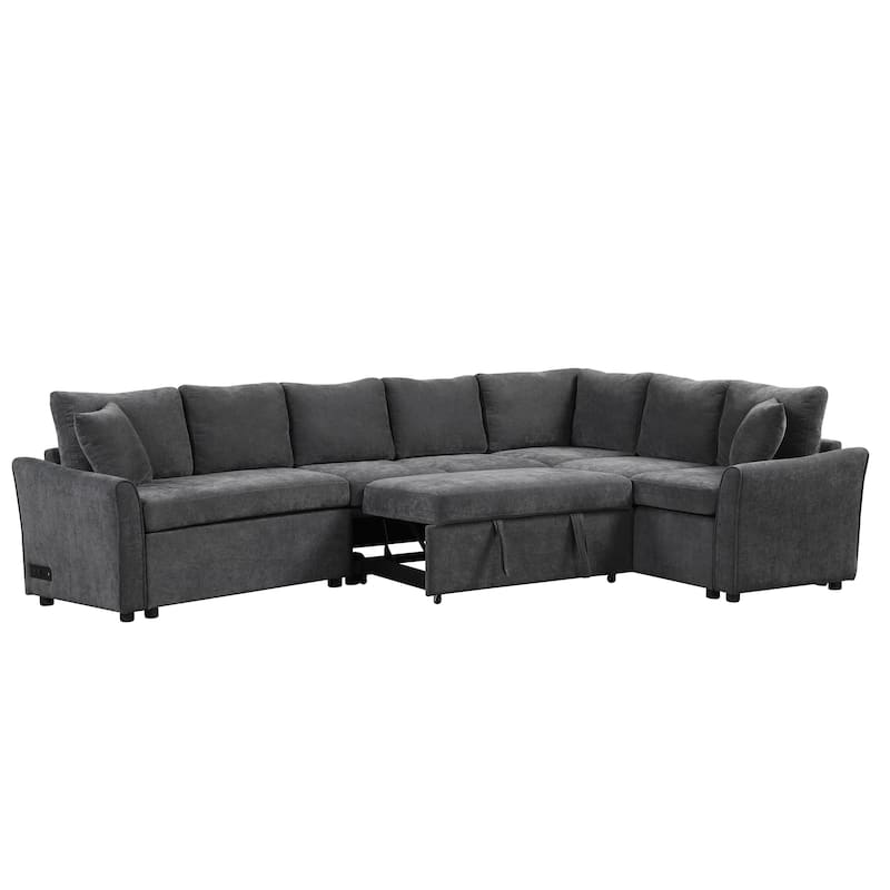 124.8'' Convertible L-Shaped 6-Seater Sectional Sofa with USB Ports, Power Outlets, Pull-Out Bed, and Two Back Cushions