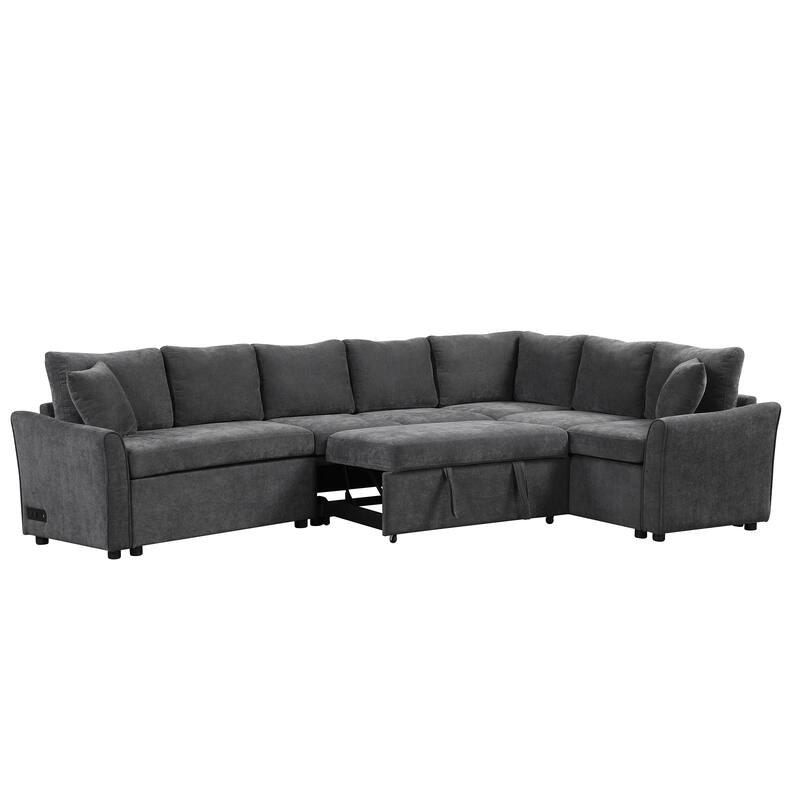Modern Chenille L-Shaped Sectional Sofa with Pull-Out Bed, USB Charging Ports and Power Outlets for Living Room