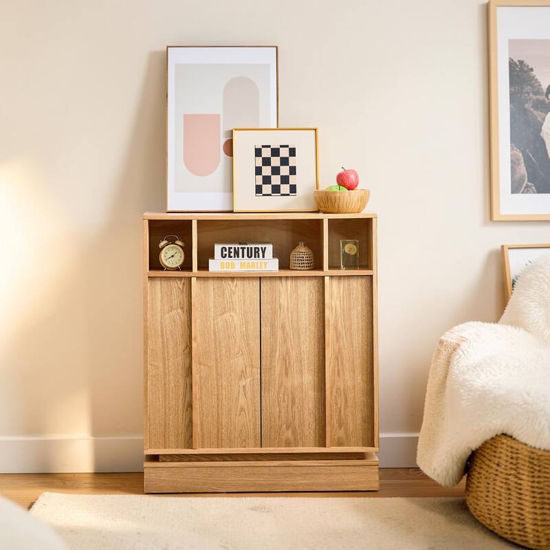 Farmhouse Fluted Sideboard Cabinet with Adjustable Shelves, Buffet Storage Cabinet with Doors - Natural Wood