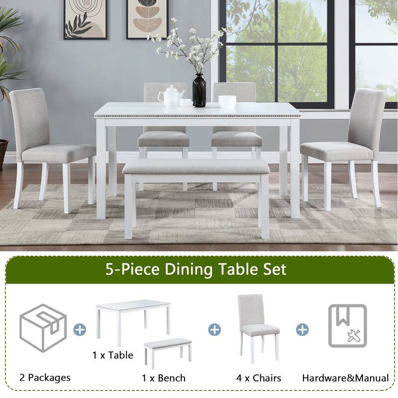 GDFStudio - Elmsley 6-Piece Classic Wooden Dining Table Set with 4 Upholstered Chairs and Bench