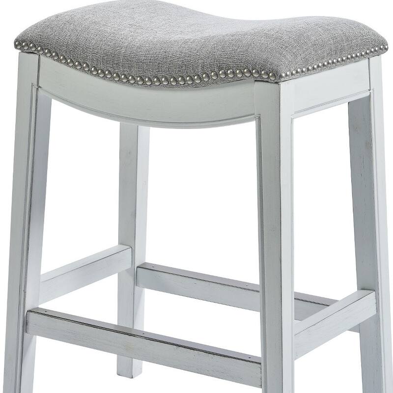 Linen Saddle Seat Bar Stool with Nail Head Trim and Footrest