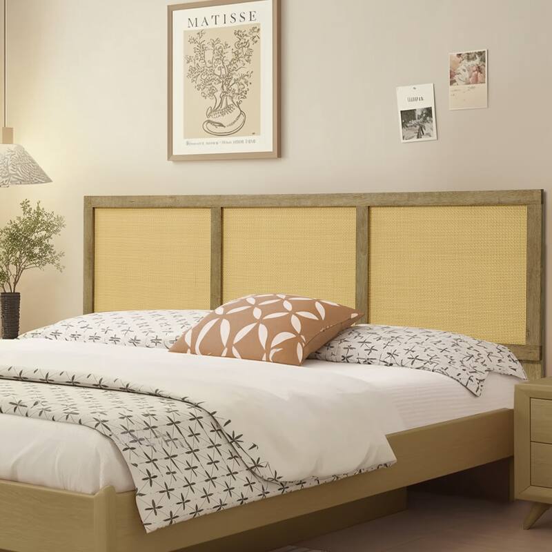 Natural Finish Rubberwood with Rattan Panels Headboard, King or Queen (Headboard Only)