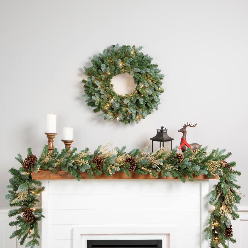 Pre-Lit Blue Spruce Artificial Christmas Wreath - 24" - Clear